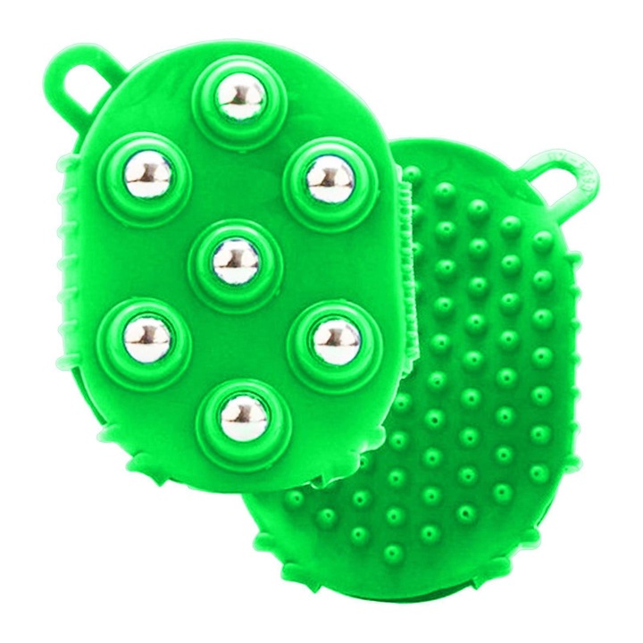 Масажна четка за лимфен дренаж, двулицев дизайн, зелен, 13.4x9.8x3.8см