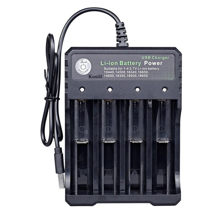 Incarcatori pentru acumulatori, Kosiil, 4 sloturi, 3.7V, negru, 12x9x3cm