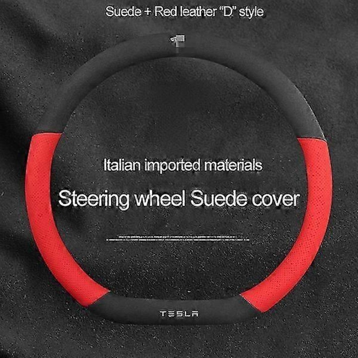 Husa volan din suede pentru Tesla Model 3 Y X S, 36x38cm, gri/negru/rosu, set 1 bucata
