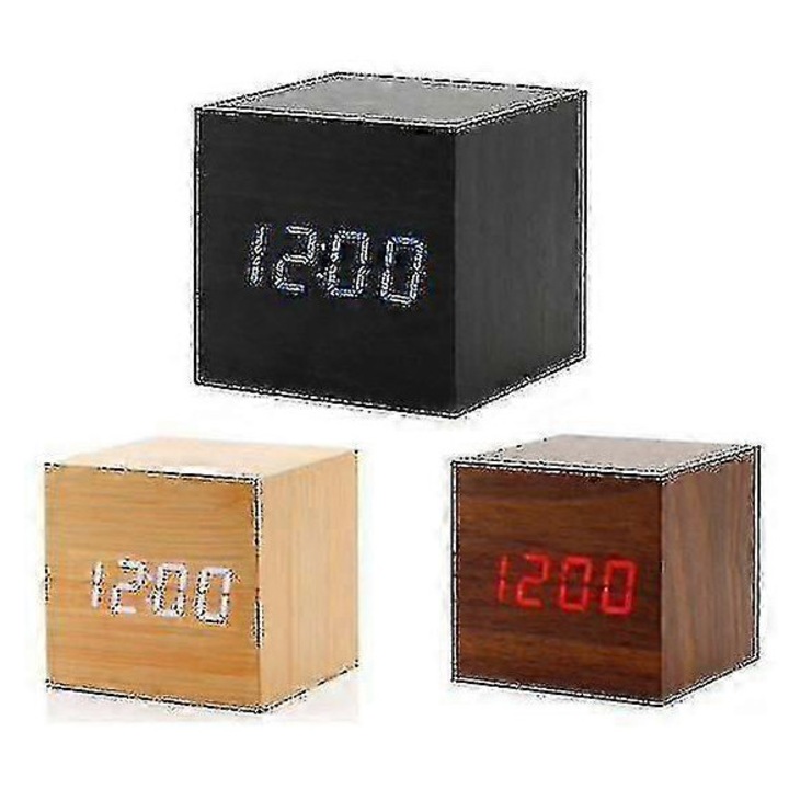 Ceas de alarma cubic din lemn, functie de activare prin sunet, dimensiuni 65x65x65mm, multicolor