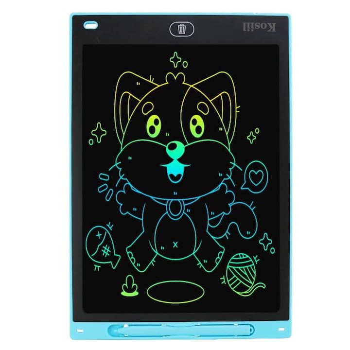 Tableta LCD pentru Scris si Desenat, Kosiil, 12 inch, 23x15x0.7 cm, Scris Multicolor, Functie Blocare Ecran, pentru desenat si scris, 3 ani+, albastru