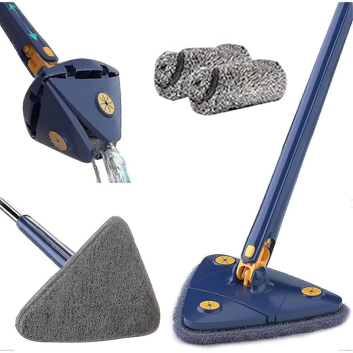 Mop rotativ 360°, mop triunghiular reutilizabil, material microfibra, albastru