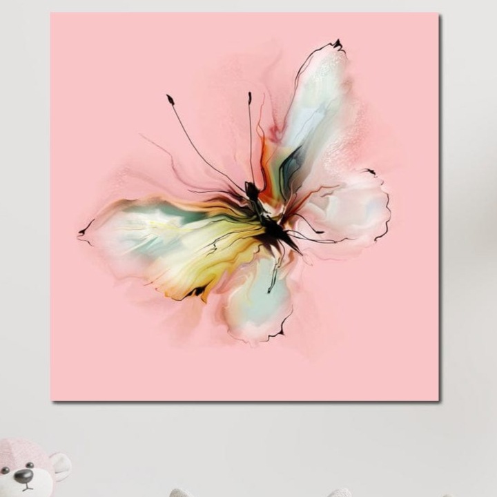 Картина върху платно LuxCanva® M1147, Пастелен полет, 90 X 90 см, 100% памучно платно 400 гр/м2, Дървена рамка, Пролет, женствена, романтична, акварел, живопис, пеперуда, розово, крила, полет, минималистичен