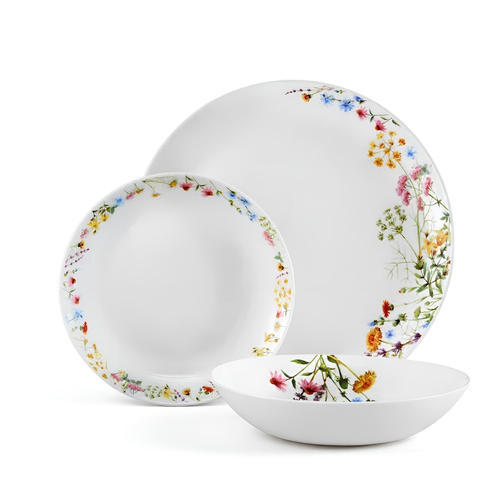 Étkezőkészlet, 18 darabos, 6 személyes, opál, virágmintás, AMBITION Bloom