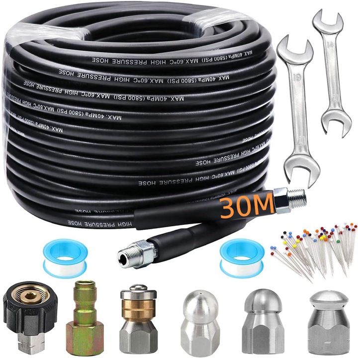 Furtun pentru curatarea tevilor de canalizare, 30m, TopGearWorld®, Duza cu 6 orificii de pulverizare, 1/4 inch NPT, Negru