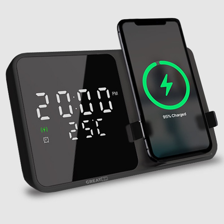 Ceas Desteptator cu Incarcator Wireless GREATON, Afisaj Digital LED cu Temperatura, Alarma, Ceas de Noptiera/Birou, Negru