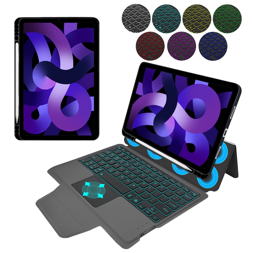 Husa de protectie flip cover pentru tableta compatibila cu Apple iPad Air 4 2020/Air 5 2022/Air 11 2024/2025, KeyTab Pro, cu tastatura luminata RGB, folie protectie inclusa, pen holder, piele, Negru