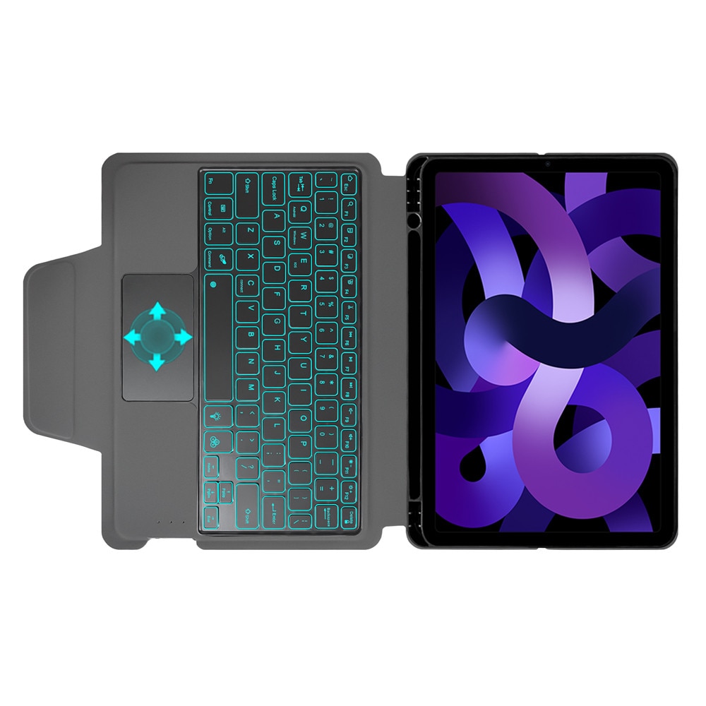 Husa de protectie flip cover pentru tableta compatibila cu Apple iPad Air 4 2020/Air 5 2022/Air 11 2024/2025, KeyTab Pro, cu tastatura luminata RGB, folie protectie inclusa, pen holder, piele, Negru