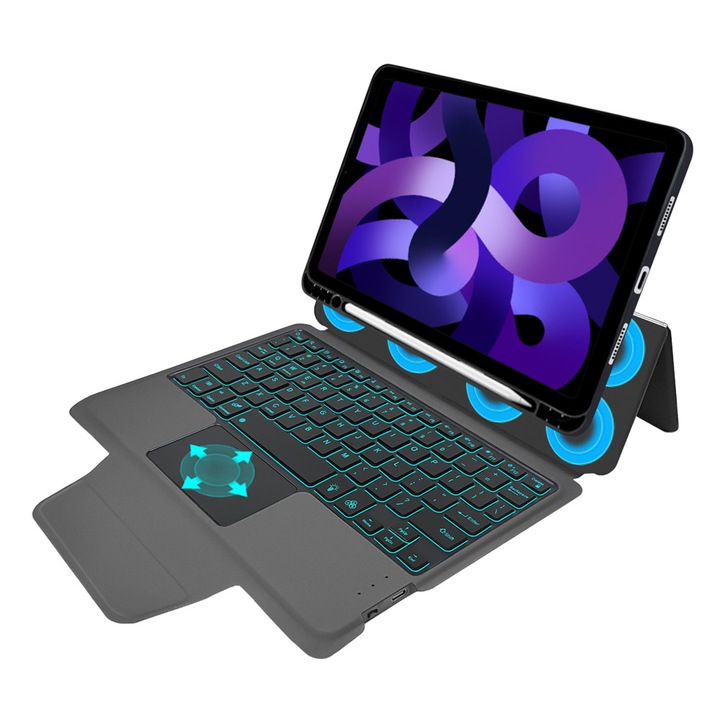 Husa de protectie flip cover pentru tableta compatibila cu Apple iPad Air 4 2020/Air 5 2022/Air 11 2024/2025, KeyTab Pro, cu tastatura luminata RGB, folie protectie inclusa, pen holder, piele, Negru