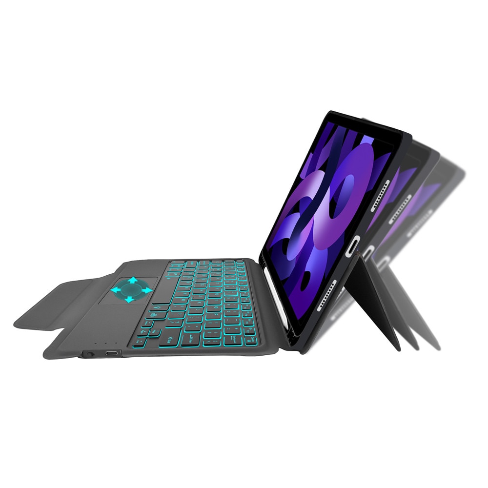 Husa de protectie flip cover pentru tableta compatibila cu Apple iPad Air 4 2020/Air 5 2022/Air 11 2024/2025, KeyTab Pro, cu tastatura luminata RGB, folie protectie inclusa, pen holder, piele, Negru