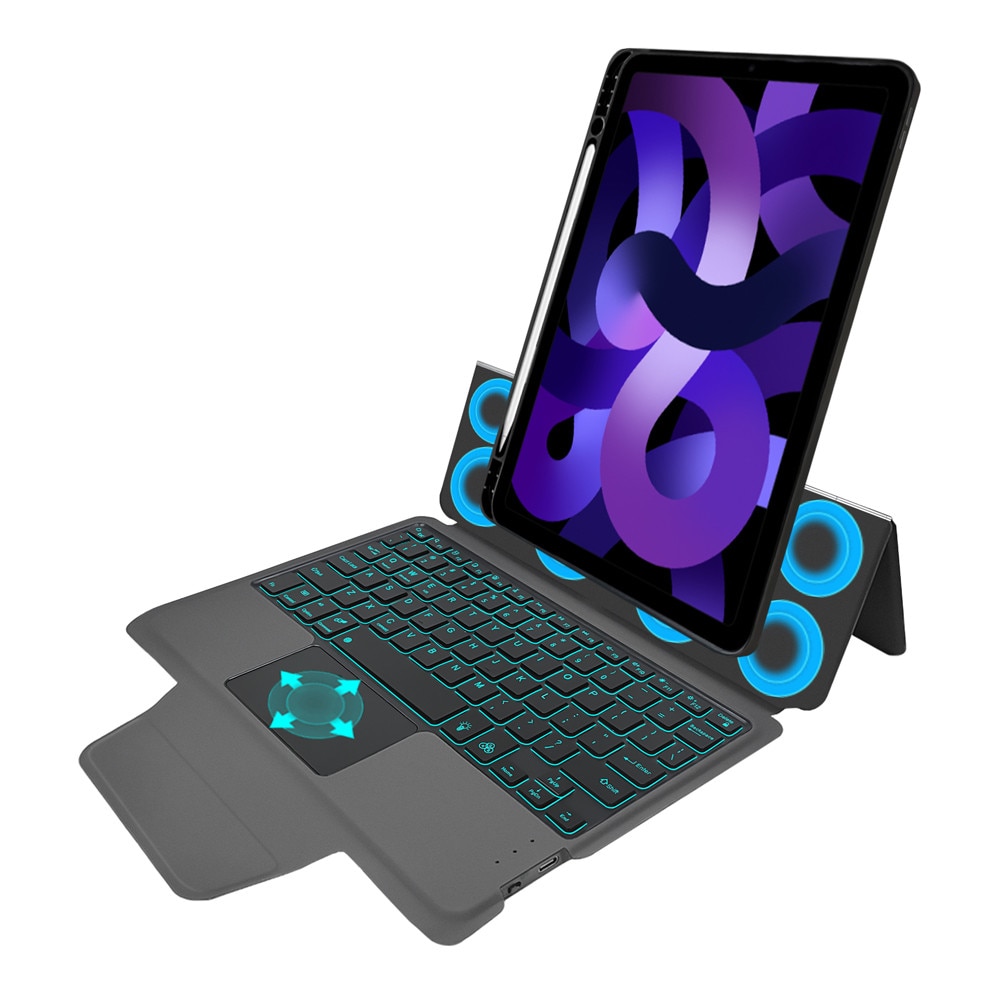 Husa de protectie flip cover pentru tableta compatibila cu Apple iPad Air 4 2020/Air 5 2022/Air 11 2024/2025, KeyTab Pro, cu tastatura luminata RGB, folie protectie inclusa, pen holder, piele, Negru