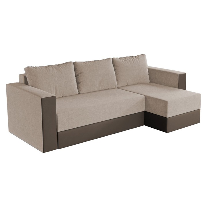 Coltar Alfa, extensibil, cu lada depozitare, stofa si piele ecologica, 250 x 140 x 85 cm, Bej / Maro