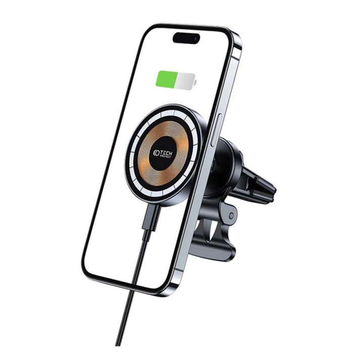 Suport auto cu incarcare MagSafe, Prindere pe grila de ventilatie, 15W, Negru