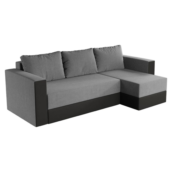 Coltar Alfa, extensibil, cu lada depozitare, stofa si piele ecologica, 250 x 140 x 85 cm, Gri Deschis / Gri