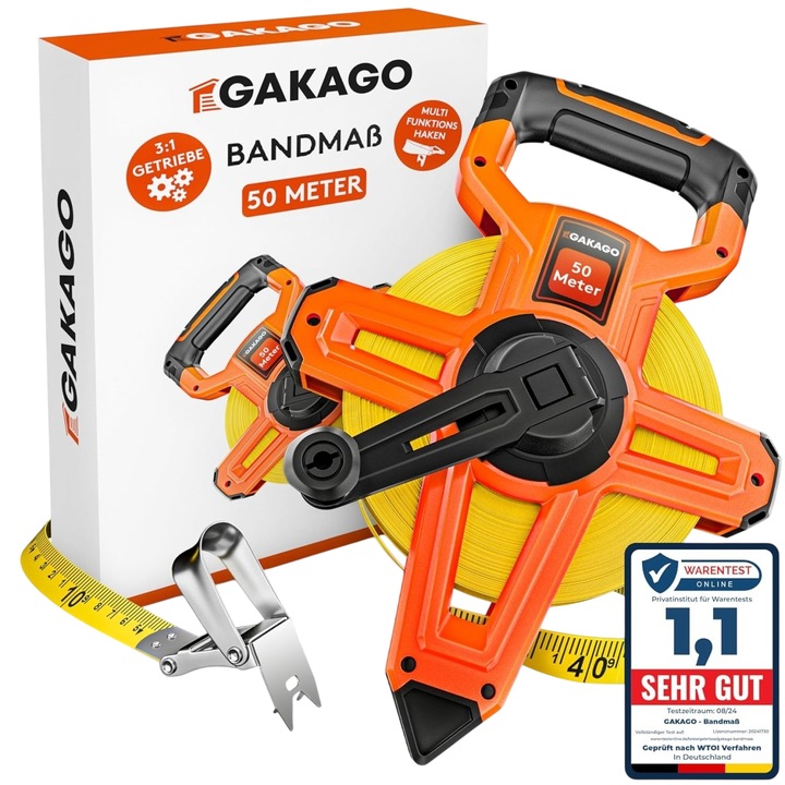 Ruleta Profesionala Gakago 50m, Banda de Masurat cu Infasurare Rapida, Fibra de Sticla