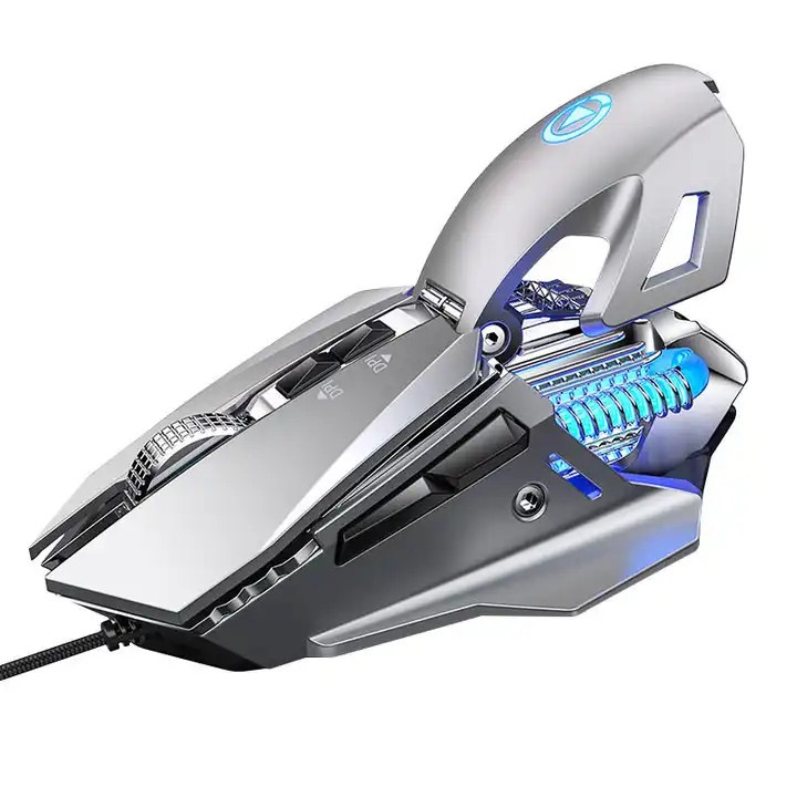 Mouse gaming cu fir 7200 DPI, design cu efect de lumina, baza din metal periat, argintie