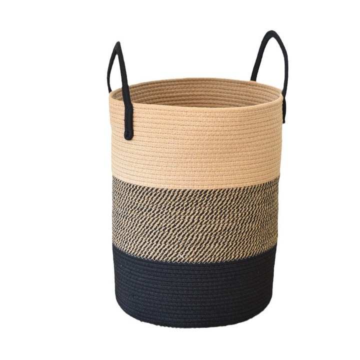 Cos mare pentru rufe din sfoara de bumbac, design multifunctional, pentru jucarii si haine, maro si negru, 33x45cm