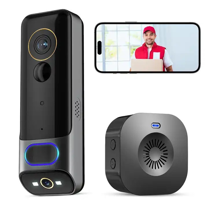 Camera video de usa, wireless, cu doua lentile, 2K, conectivitate wireless, design rezistent la intemperii, alimentare cu baterie, negru