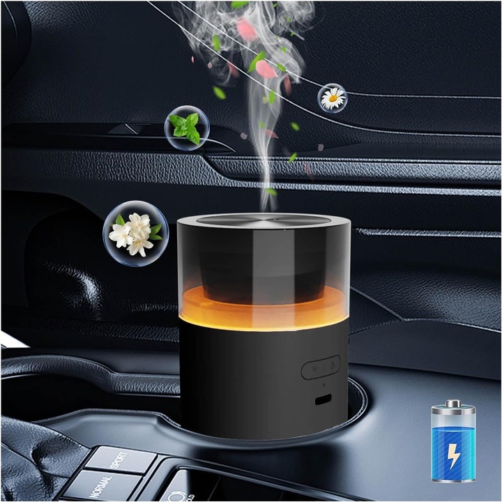 Hordozható autós aroma diffúzor automatikus start-stop funkcióval, 3 permetezési móddal, fekete, 100ml