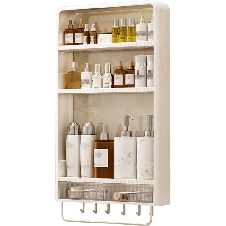 Suport de condimente montat pe perete, 3 niveluri, 6 carlige, crem