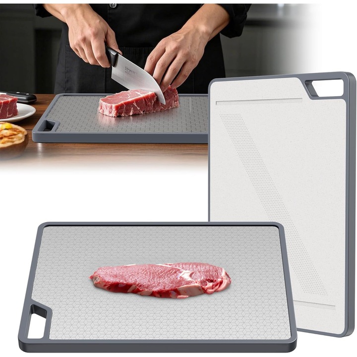 Tocator de bucatarie dublu fata, din otel inoxidabil si radacina de grau, usor de curatat, fara BPA, 30x45cm