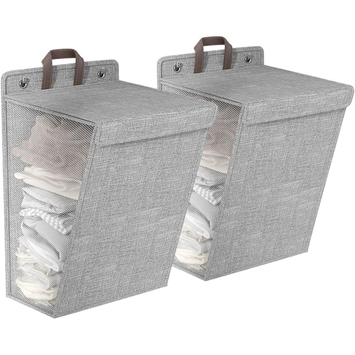 Комплект от 2 сгъваеми коша за пране, с капак, мрежест дизайн, сив, 36x12x48 см