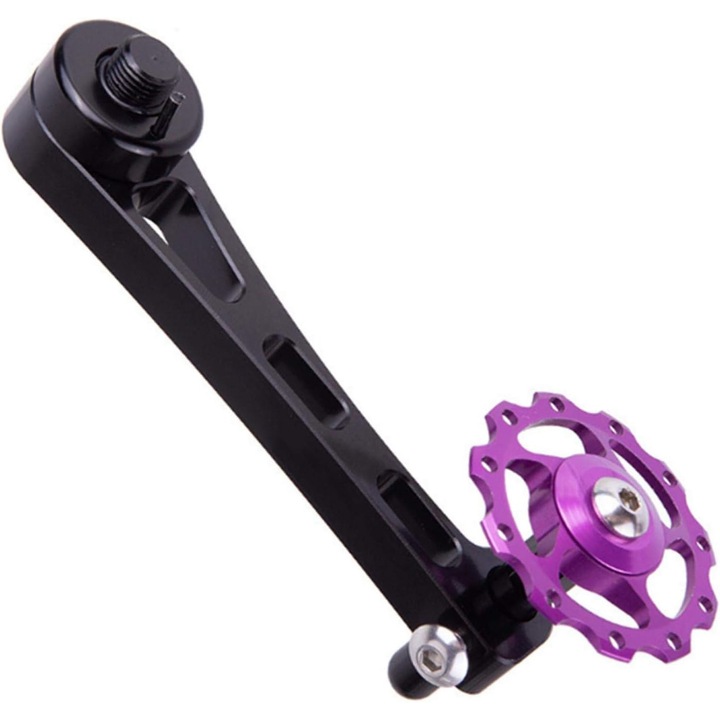 Tensionator lant bicicleta, universal, negru/mov, din aliaj de aluminiu, pentru biciclete cu o viteza
