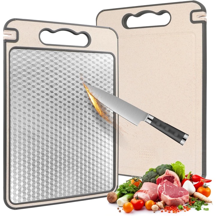 Tocator de bucatarie din otel inoxidabil, design anti-zgarieturi, latura din fibra de paie de grau, cu canal pentru suc, usor de curatat