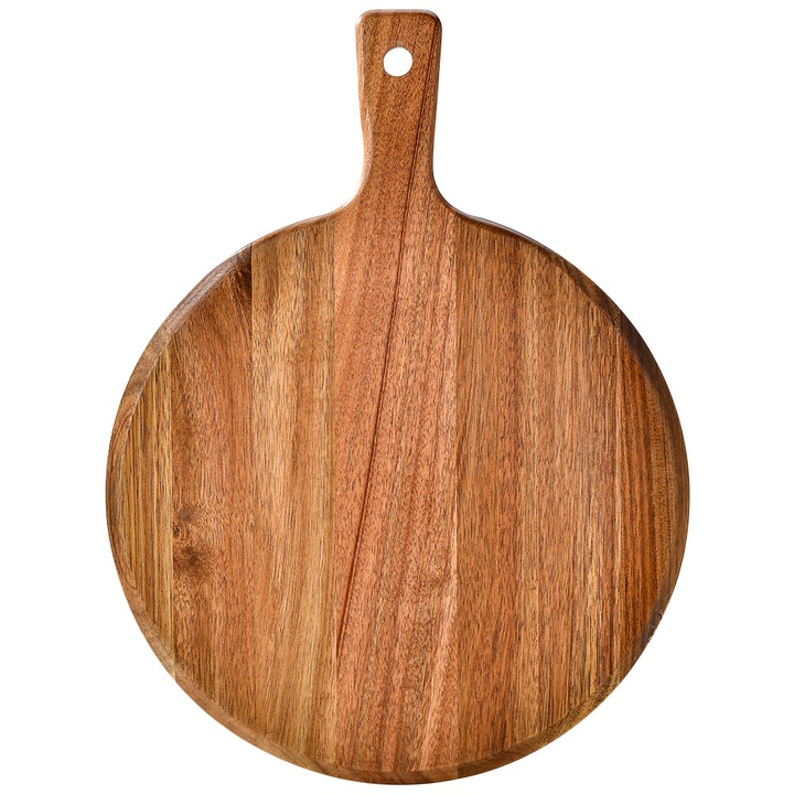 Tocator de bucatarie din lemn de acacia, 30cm, cu manere, multifunctional, pentru pizza si branzeturi