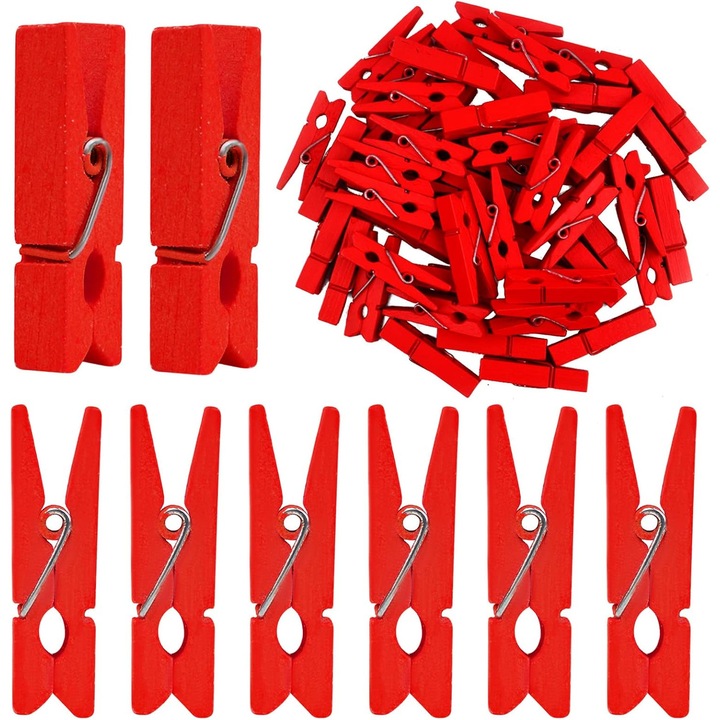 Комплект от 50 дървени щипки за снимки, червени, 35x7x9мм, естествен материал, за занаяти
