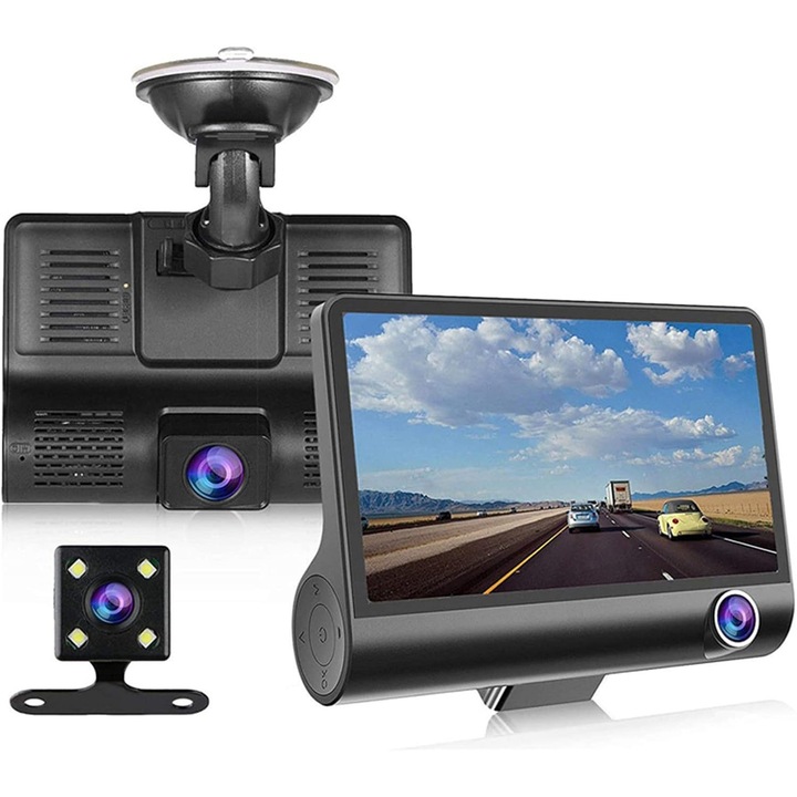 Camera auto DVR cu 3 camere, Full HD 1080p, unghi ultra-larg 170°, detectie miscare, set