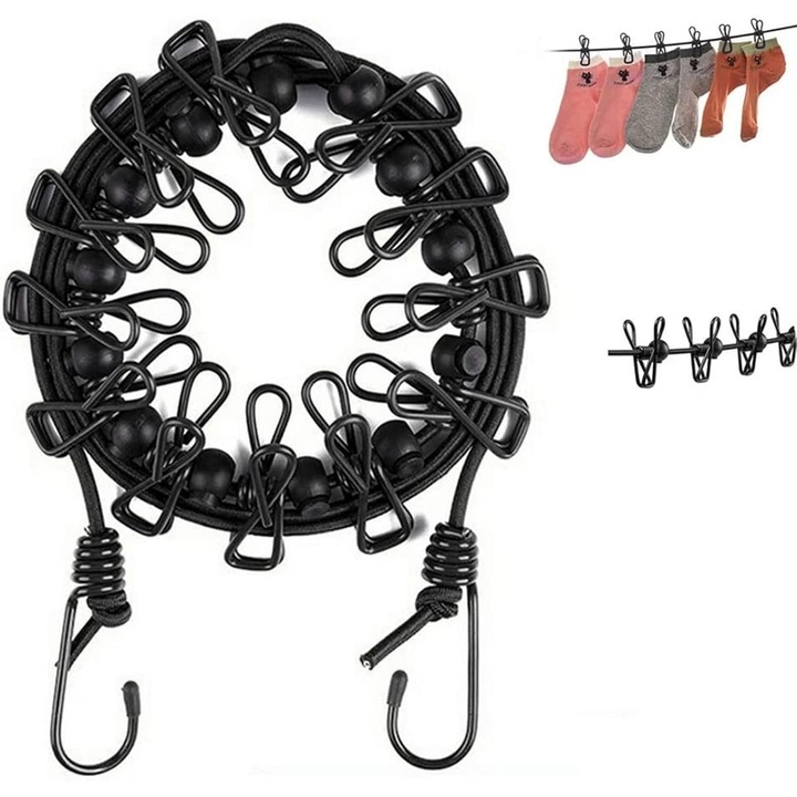 Sistem de uscare rufe, set 2 piese, cu 12 clipsuri, pentru camping, antiderapant, portabil, utilizare interioara, exterioara