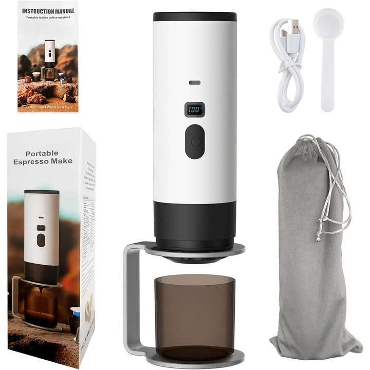 Espressor portabil 90ml, aparat de cafea pentru calatorii, incalzire rapida, fara fir, pentru camping