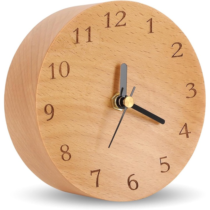 Fa asztali óra, kerek kialakítás, 12x4 cm, hangtalan, elemes