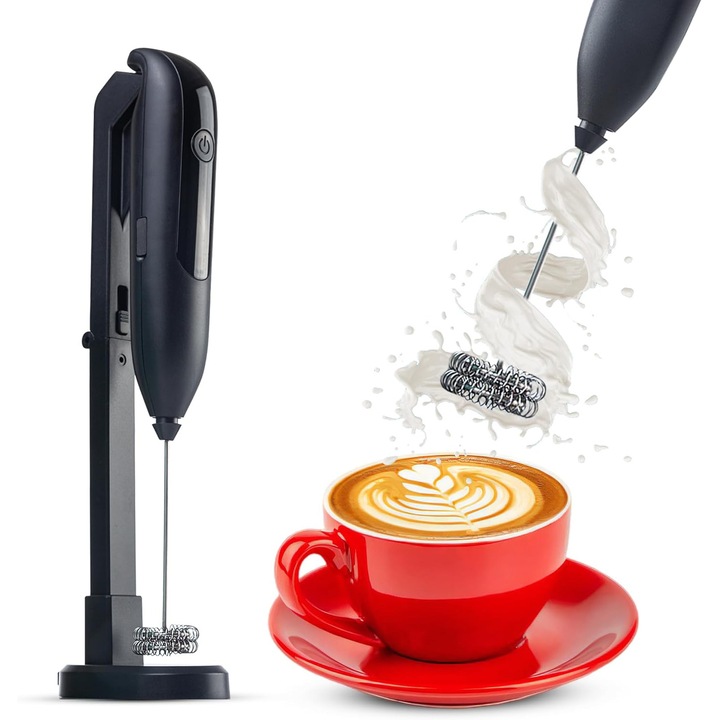 Frother electric portabil cu suport, 1200mAh, 2 viteze, inox, pentru latte si cappuccino