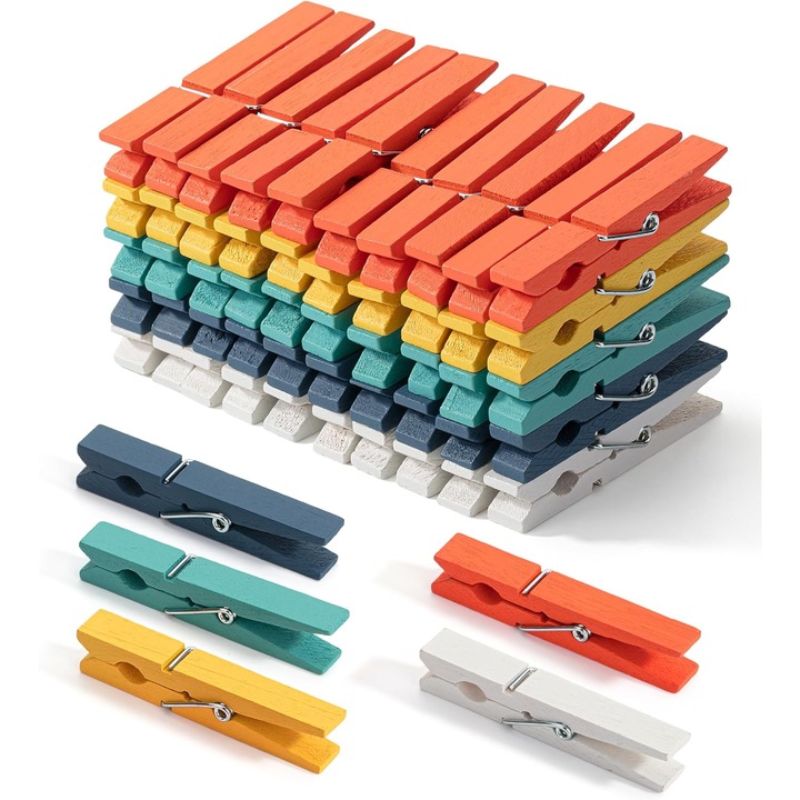 Set 100 cleme de rufe din lemn, colorate, 7.3cm, rezistente la rugina