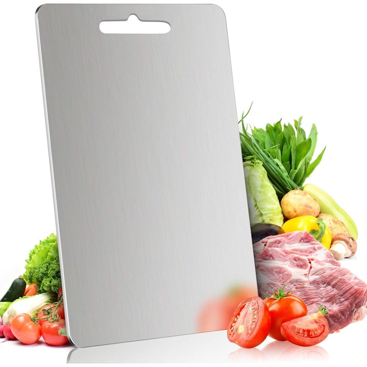 Tocator de bucatarie din otel inoxidabil 304, rezistent la rugina, pentru carne, fructe si legume, lavabil in masina de spalat vase, cu maner