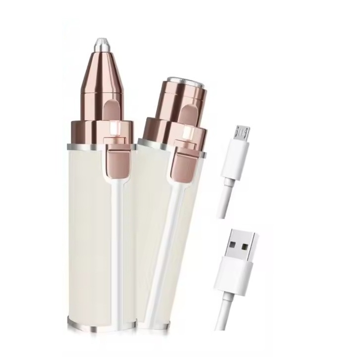 Epilator facial pentru femei, trimmer sprancene, 2 in 1, reincarcabil, cu 2 capete de rezerva, compact