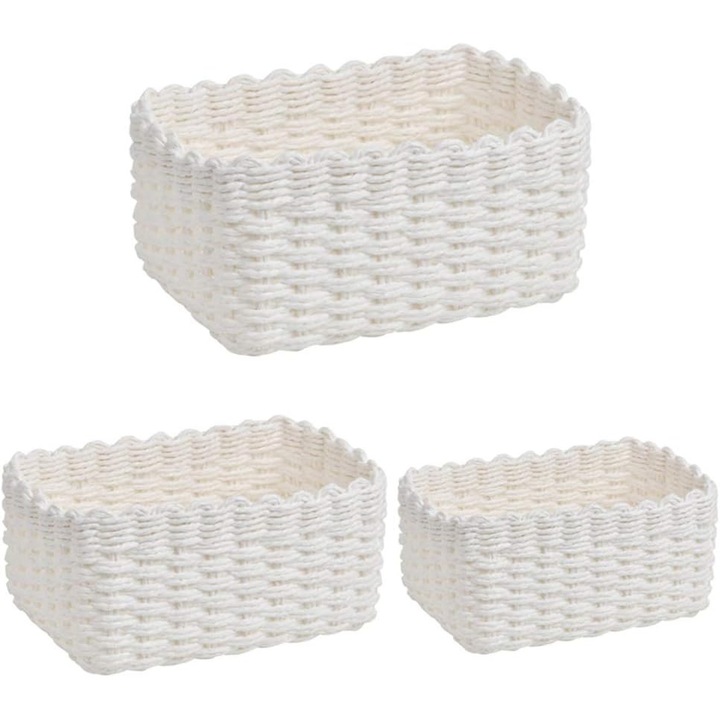 3 darabos tárolókosár szett újrahasznosított zsinegből, fehér, különböző méretek 25.5x19.5x12cm, 23x16.5x10.5cm, 21x15x9.5cm