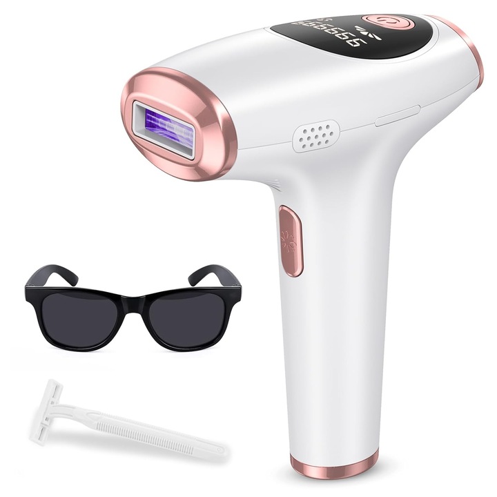 Epilator IPL, 999,999 de flash-uri, mod manual si automat, pentru fata, picioare, brate, linie bikini, utilizare acasa