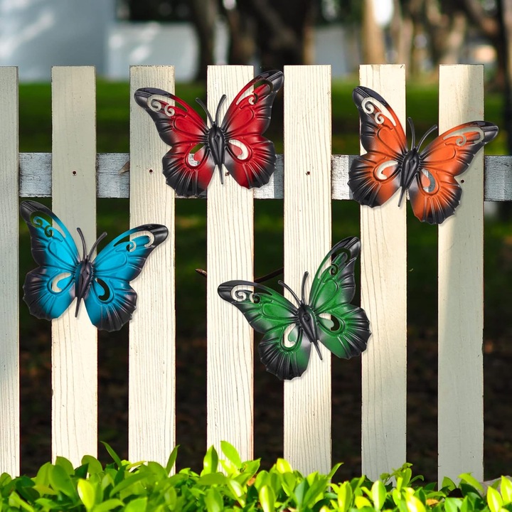 Set 4 decoratiuni metalice de perete fluture, 22x27cm, multicolor