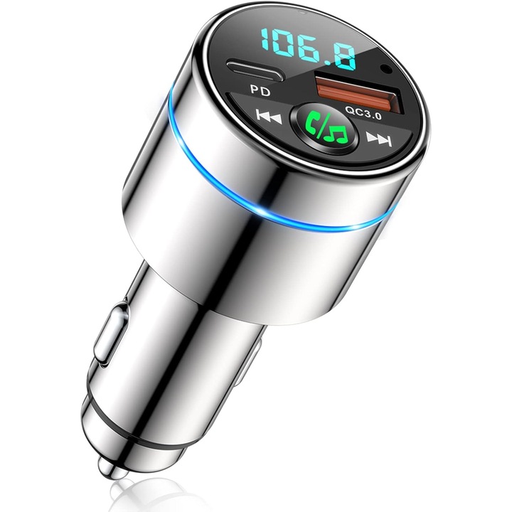 Transmitator FM Bluetooth 5.3, incarcator auto 30W PD si QC3.0, apeluri hands-free, muzica Hi-Fi, carcasa metalica