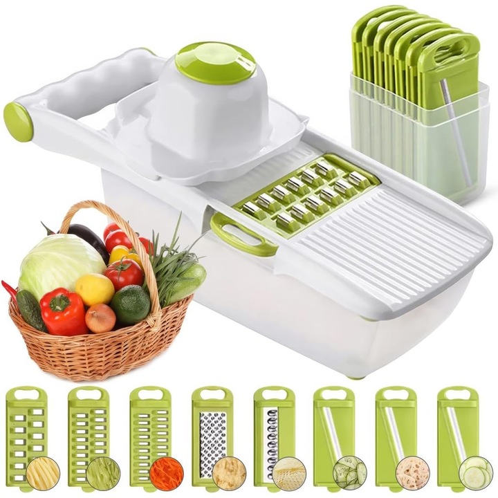Feliator manual Adov, multifunctional, 8 lame din inox, recipient pentru alimente, protectie pentru mana, verde/alb