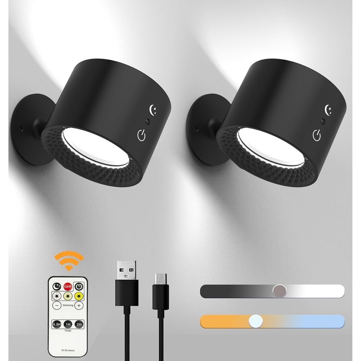 Veioza LED magnetica multifunctionala, dimabila, rotativa 360°, set de 2 bucati, alba