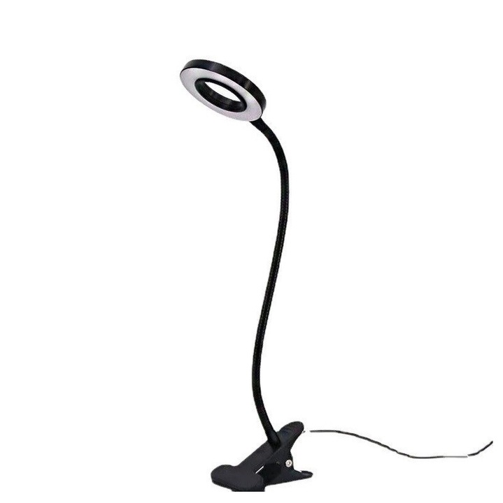 Veioza cu clampa, 3 moduri de iluminare, dimabila, neagra, 8.8cm diametru cap lampa