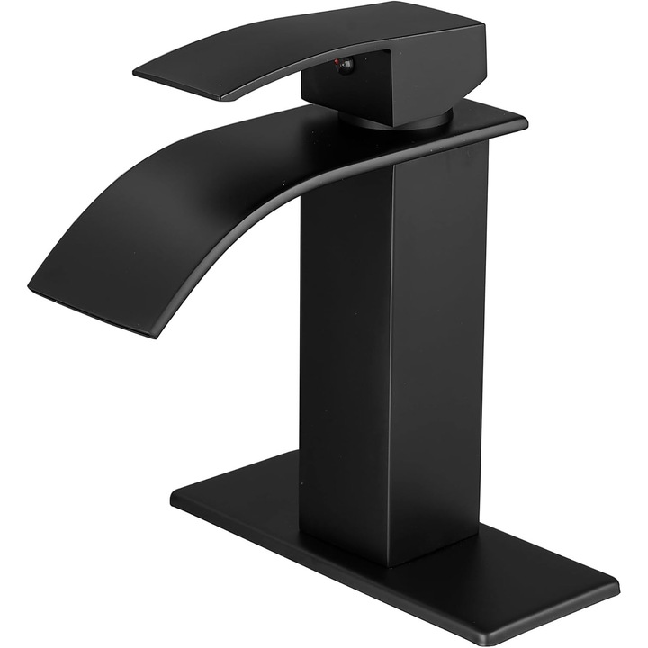 Baterie sanitara moderna cu apa in cascada, neagra mat, pentru 1 sau 3 gauri, cu placa de montaj, set de instalare