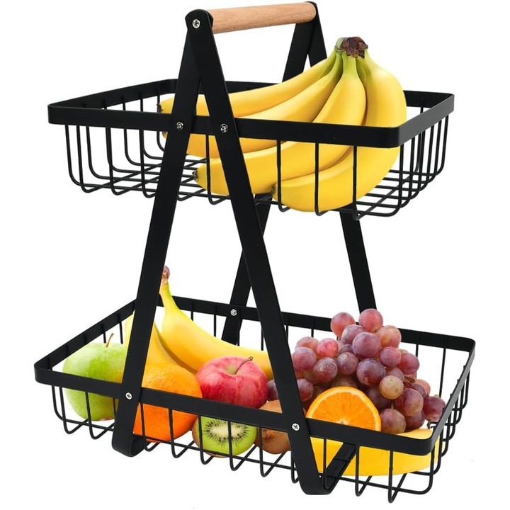 Cos de fructe metalic 2 niveluri, suport detasabil, negru, pentru legume si gustari