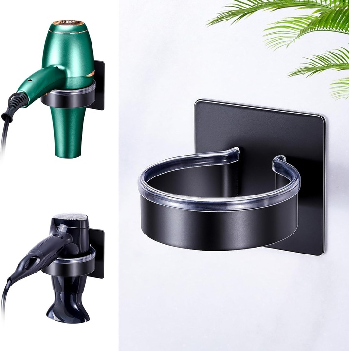 Suport pentru uscator de par, set 2 bucati, din otel inoxidabil, autoadeziv, negru mat