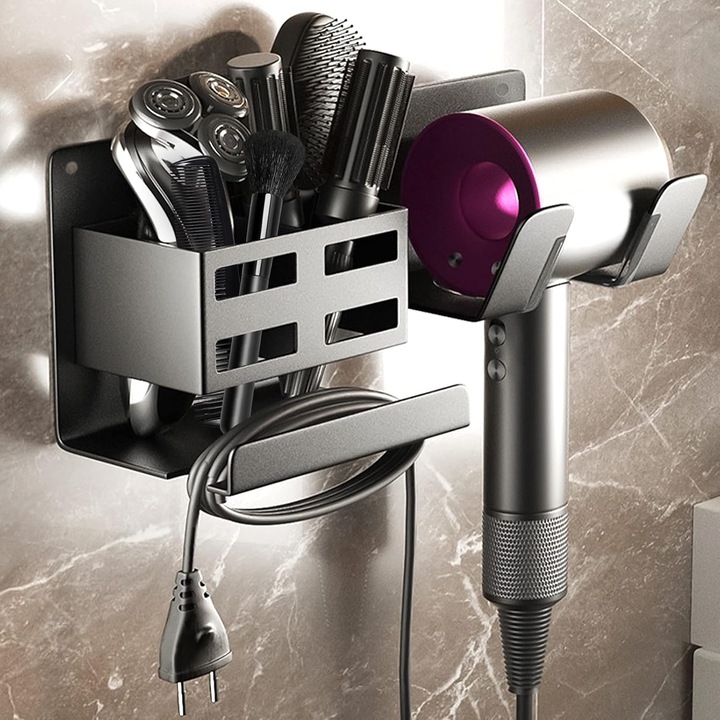 Suport pentru uscator de par, cu doua compartimente, negru, din aluminiu, anti-zgariere, montare pe perete