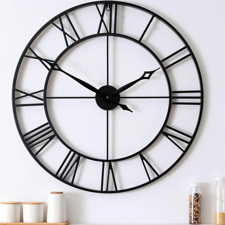 Dekoratív falióra 40 cm, fekete fém, római számokkal, cserélhető mutatókkal